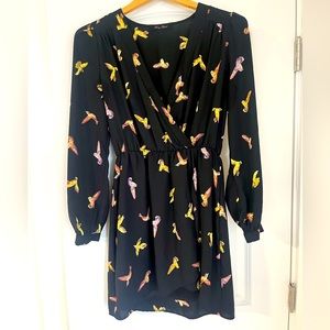 Black long sleeve dress with bird print
